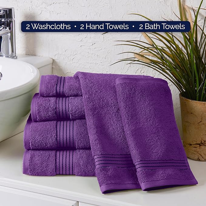 Elegant Comfort Premium Cotton 6-Piece Towel Set, Includes 2 Washcloths, 2 Hand Towels and 2 Bath Towels, 100% Turkish Cotton - Highly Absorbent and Super Soft Towels for Bathroom, Purple