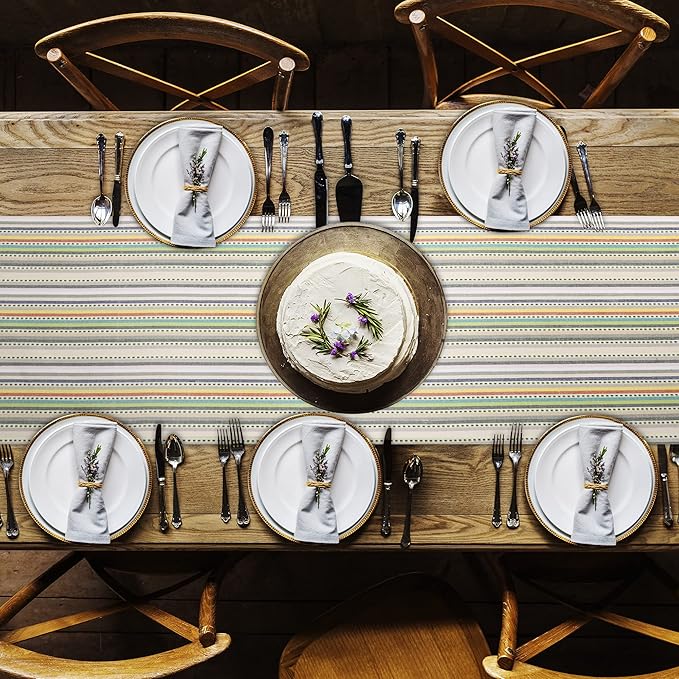 Urban Villa TableRunner 100% Cotton Fused Table Runner Multi Dobby Stripes 14''x72'' Over Sized Beige Multi Color Table Runner Heavier Quality ChristmasRunners