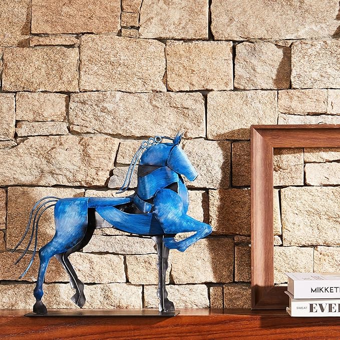 Horse Statue, Unique Metal Art Sculpture for Vintage Home Decor, Modern Decor, Gift for Horse Lovers (Blue)