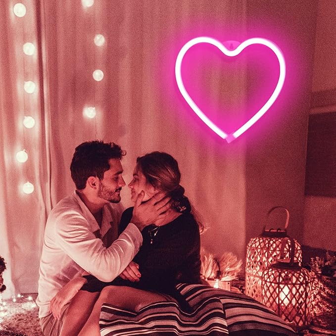 Pink Heart Neon Sign for Valentine's Day, Led Light 8.78.7 Inch Battery or USB Powered Romantic Love Lamp for Bedroom Wall Decor Art Kids Girl Room Wedding Party