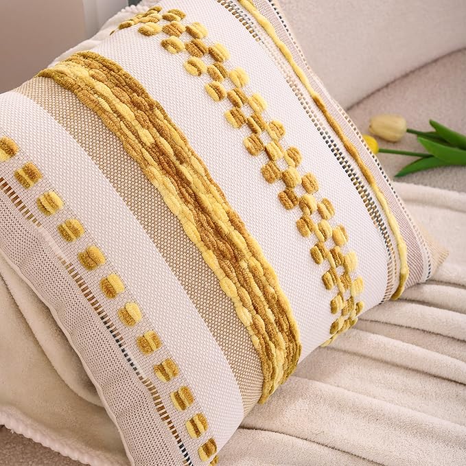 Tosleo Decorative Throw Pillow Covers 18x18 Set of 2 Boho Chenille Tufted Pillow Cover Textured Pillow Covers Striped Pillowcases Accent Pillow Cases Farmhouse Cushion Case for Sofa Couch,Yellow