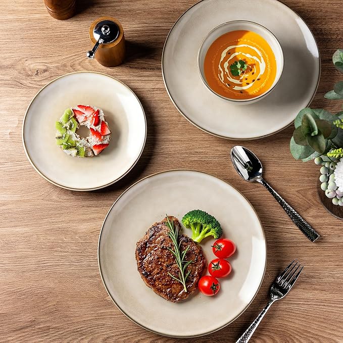 AmorArc Stoneware Dinnerware Sets for 8, 24 Pieces Handpainted Ceramic Plates and Bowls Set, Scratch Resistant Dishes Set, Dishwasher & Microwave Safe, Cappuccino