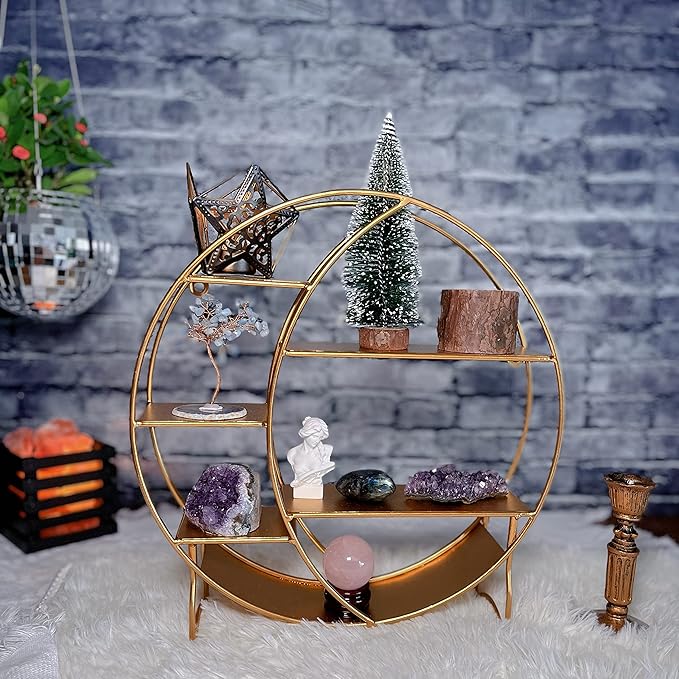 Moon Shelf for Crystals - Circle Shelf Wall Decor for Wall and Countertop - Crystal Shelf Display for Stones, Essential Oil, Pendulum - Boho Hanging Moon Shelves (Matte Gold)