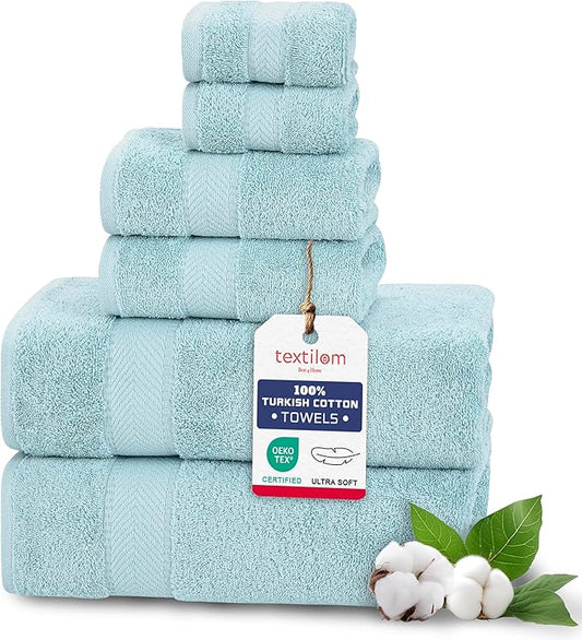 TEXTILOM 6 Pcs Bath Towel Set – Hotel and Spa Quality & Soft & Absorbent & Quick Dry Bath Towels for Bathroom –100% Turkish Cotton Bathroom Towels Set (2 Bath Towels,2 Hand Towels,2 Washcloths)-Aqua