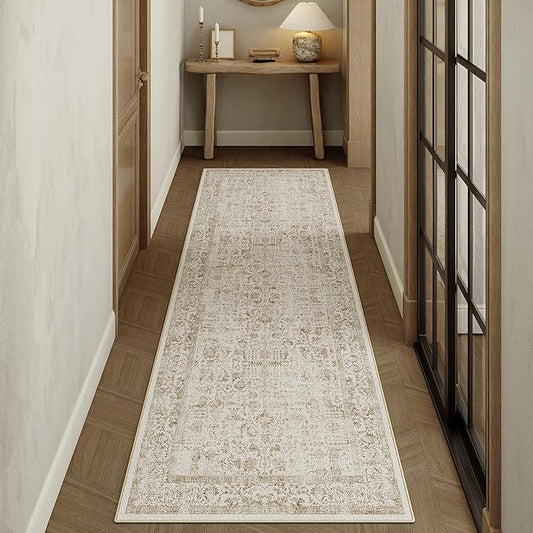 Light Brown Runner Rug 3x8 Hallway Machine Washable Kitchen Vintage Distressed Non Slip Long Carpet Indoor Retro Floral Bedroom Accent Throw Rug for Bathroom Office Laundry Dining Room
