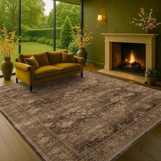 Taupe Brown Living Room Rug 6x9 - Vintage Traditional Eclectic Unique Neutral, Washable Low Pile Non-Slip Large Area Rugs for Dining Under Table Bedroom Lounge
