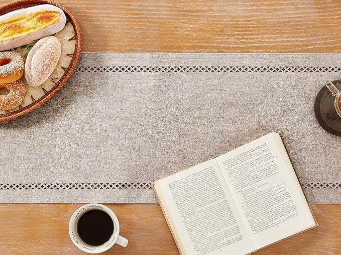 Burlap Style Farmhouse Table Runner, 13 x 60 Inch Coffee, Rustic Geometric Hollow Table Runners 60 Inches Long for Dresser Table Everyday Use, 13x60 Inches, Coffee