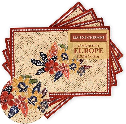 Maison d' Hermine Placemats Set of 4 100% Cotton Washable Cloth Place Mats, Reusable Table Mats for Kitchen Dining Decoration, Party, Wedding, Restaurant (Kalahari, 13" x 19")