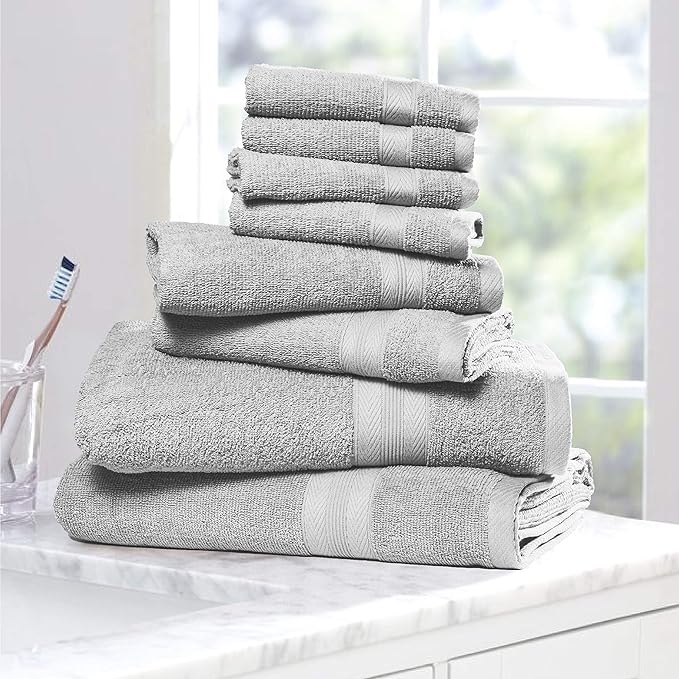 BOUTIQUO Light Grey Towel Set - 8 Piece Bathroom Towel Set - 100% Ring Spun Cotton, 2 Bath Towel 27x54, 2 Hand Towel 16x28 and 4 Washcloth 13x13 - Ultra Soft Highly Absorbent Towel Set - Light Grey