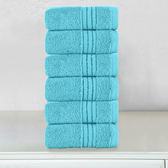 Elegant Comfort Premium Turkish Cotton 6 Pack Washcloths Set - 13 x 13 inch, Luxurious Hotel Spa Quality 100% Turkish Cotton 6PC Washcloth Set - Highly Absorbent - Soft Bathroom Towels, Aqua