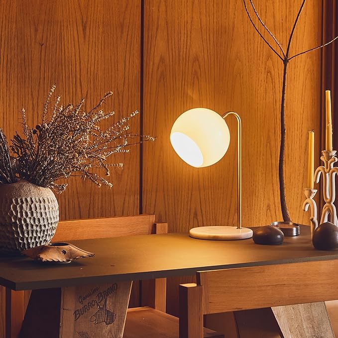 Brightech Krystal LED Table Lamp, Frosted Glass Globe Arcing Living Room Lamp, Mid-Century Modern Standing Lamp for Living Rooms, Boho Rustic Indoor Table Lamp for Bedrooms & Offices - Brass