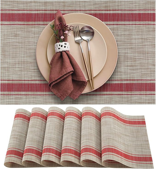 More Décor Dining Table Placemats, Washable Heat-Resistant PVC Vinyl Table Mats for Dining Room and Kitchen, Anti-Slip - Set of 4 - Horizontal Striped Red - Grey