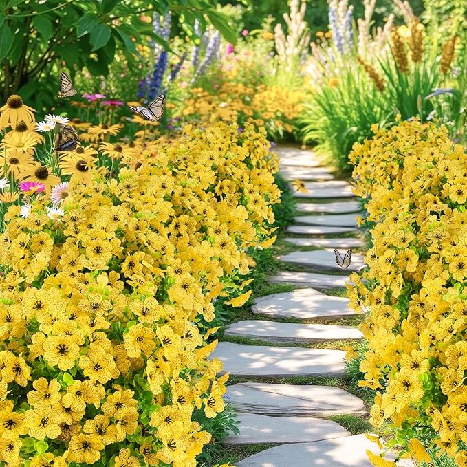 Artificial Flowers Outdoor Faux Plants UV Resistant 12 Bundles Fake Patio Flowers Plastic Greenery Plnats Outside Bulk for Spring Garden Hanging Planter Home Vase Decor, Yellow