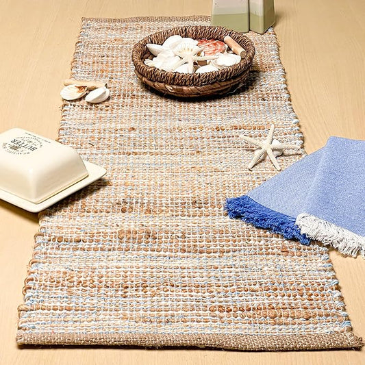 Chardin Home Natural Jute Table Runner 13x36 Inch – Vintage Boho Rustic Table Decor – Handwoven Jute Table Runner in Natural and Blue – Farmhouse Dining or Console Table Accent