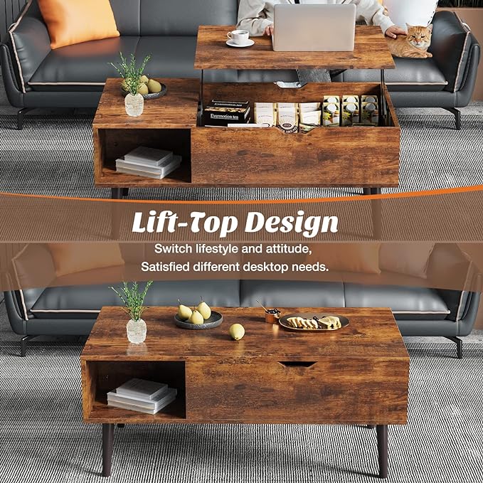 Sweetcrispy Coffee Table, Lift Top Coffee Tables for Living Room, Small Rising Wooden Dining Center Tables with Storage Shelf and Hidden Compartment, Brown