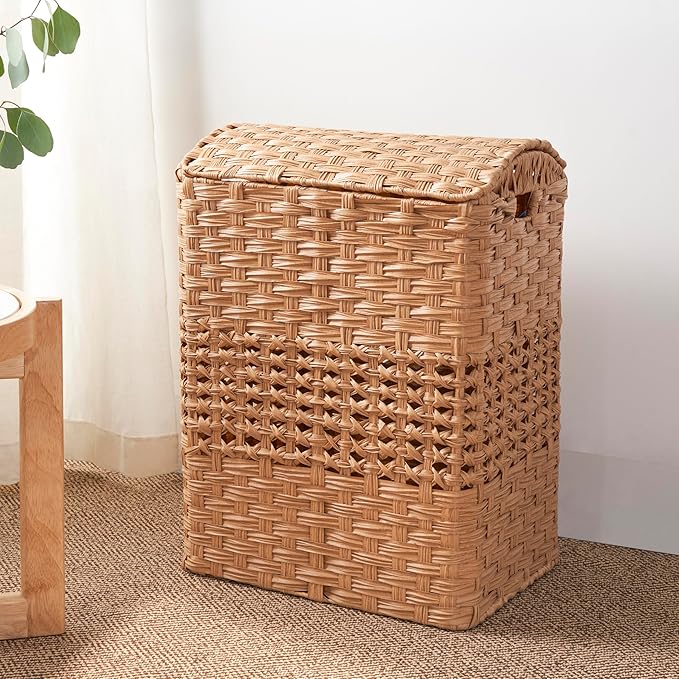 Apostle Rectangular Woven Laundry Hamper with Lid - Spacious Wicker Basket for Clothes Storage (Natural Brown, 18.5x14.6x24 in)