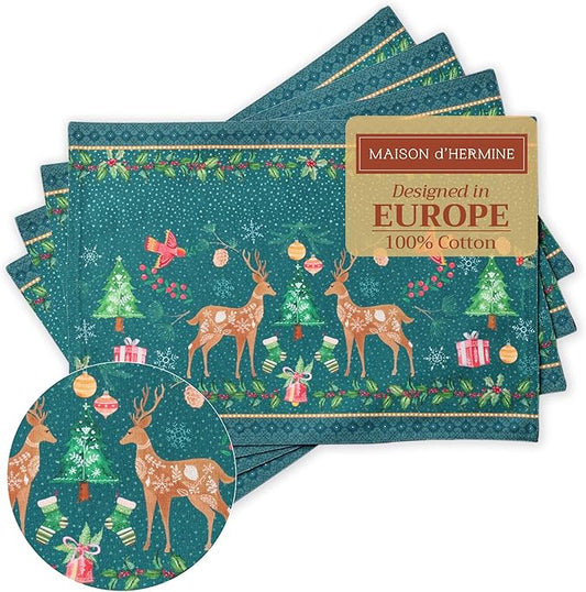 Maison d' Hermine Placemats Set of 4 100% Cotton Washable Cloth Place Mats, Reusable Table Mats for Kitchen Dining Decoration, Party, Wedding, Restaurant (Hygge Christmas, 13" x 19")