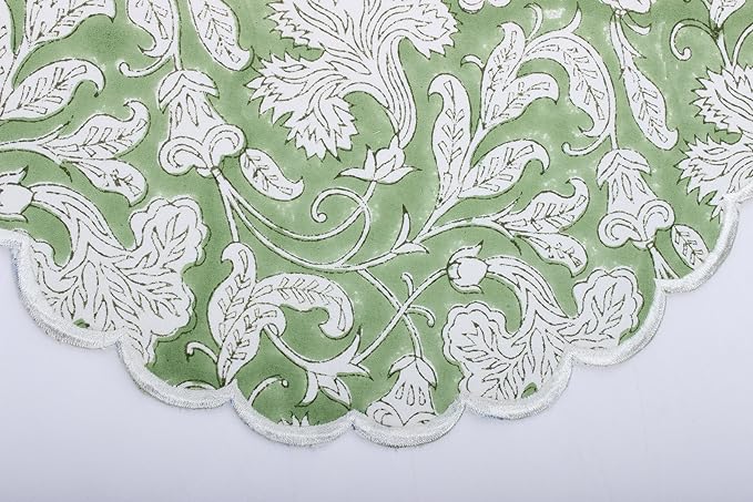 Ridhi Bo-ho Round Place Mat Double Layer Floral Cotton Washable Placemats 15" Round Embroidery Block Print Table Mat (Pack of 4-15 Inch Round, Sage Green)