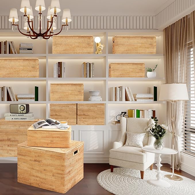 Rattan Basket With Lid,Large Storage Basket Lidded,Rattan Box For Shelf (16" L×13"W×12"H)