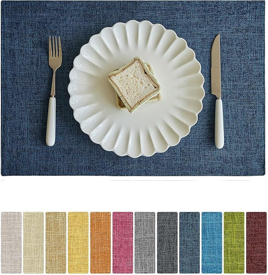 Softalker Faux Linen Placemats Set of 12-12 x 18 Inch, Heat Resistant Double Layered Durable Burlap Farmhouse Place Mats, Non-Slip Washable Rustic Table Mats for Dining, Kitchen, Party（Navy Blue