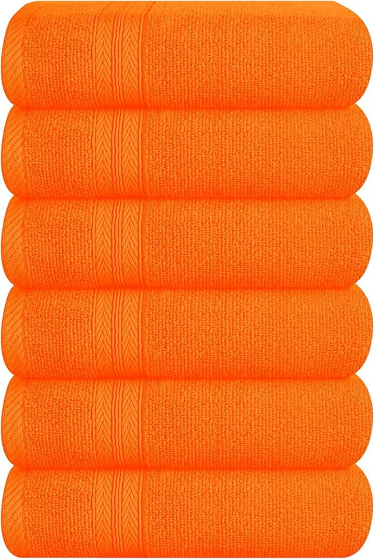 BOUTIQUO Ultra Soft 6-Piece Hand Towel Set 16x28-100% Ringspun Cotton - Durable & Highly Absorbent Hand Towels - Ideal for use in Bathroom, Kitchen, Gym, Spa & General Cleaning - Orange