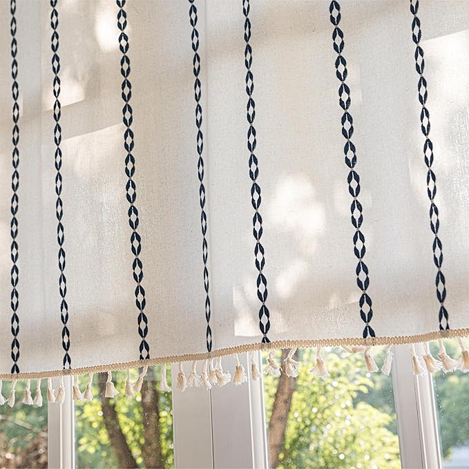 Sutuo Home Boho Valance Curtain 18 inches for Cafe Dining Room, Short Farmhouse Vintage Tassels Window Treatment Bohemian Embroidery Drape, Rod Pocket 1 Panel 52" W x 18" L, White and Navy Blue