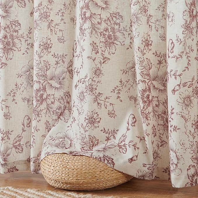 jinchan Linen Blend Curtain Floral Curtains for Living Room 63 Inch Length Brick Red Printed Curtain Rod Pocket Back Tab Farmhouse Peony Flower Patterned Drapes Bedroom Window Curtains Set 2 Panels