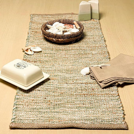Chardin Home Natural Jute Table Runner 13x36 Inch – Vintage Boho Rustic Table Decor – Handwoven Jute Table Runner in Natural and Sage Green – Farmhouse Dining or Console Table Accent