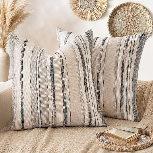 ANRODUO Pack of 2 Boho Decorative Throw Pillow Covers 18x18 Farmhouse Cushion Case Striped Chenille Pillow Cases Square Pillow Covers Accent Neutral Pillowcase for Sofa Couch Bed, Gray Stripe