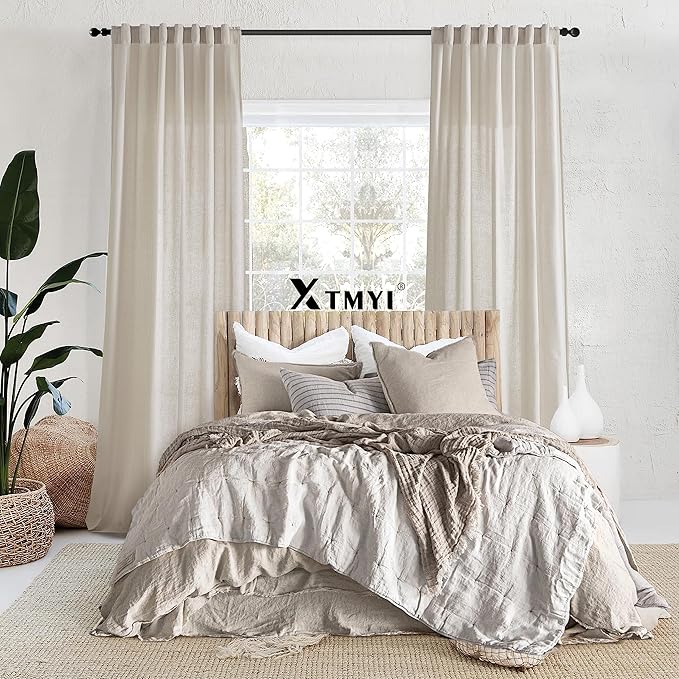 XTMYI 2 Panels,102 Inch Length,Oatmeal,50 Inch Wide,Back Tab/Hook Belt Linen Cotton Sheer Curtains for Bedroom Living Room