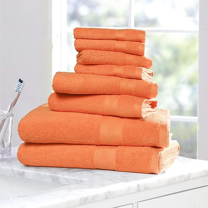 BOUTIQUO 8 Piece Towel Set 100% Ring Spun Cotton, 2 Bath Towels 27x54, 2 Hand Towels 16x28 and 4 Washcloths 13x13 - Ultra Soft Highly Absorbent Machine Washable Hotel Spa Quality - Orange