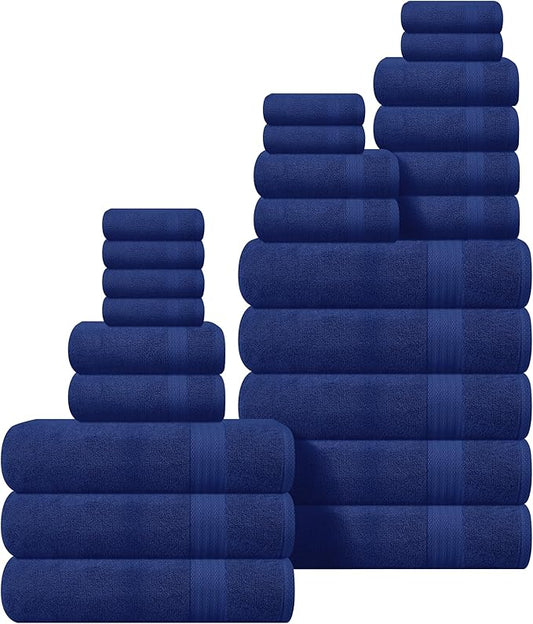GLAMBURG Ultra Soft 24-Piece Towel Set - 100% Pure Ringspun Cotton, Contains 8 Oversized Bath Towels 27x54, 8 Hand Towels 16x28, 8 Wash Cloths 13x13 - Ideal for Everyday use, Hotel & Spa - Navy Blue