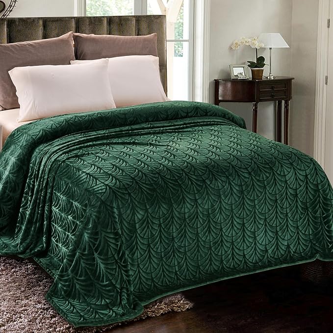 Whale Flotilla Flannel Fleece Queen Size Blanket for Bed, Soft Fluffy Velvet Bedspread Coverlet with Decorative Vintage Pattern for All Season, Warm and Lightweight, 90x90 Inch, Deep Green