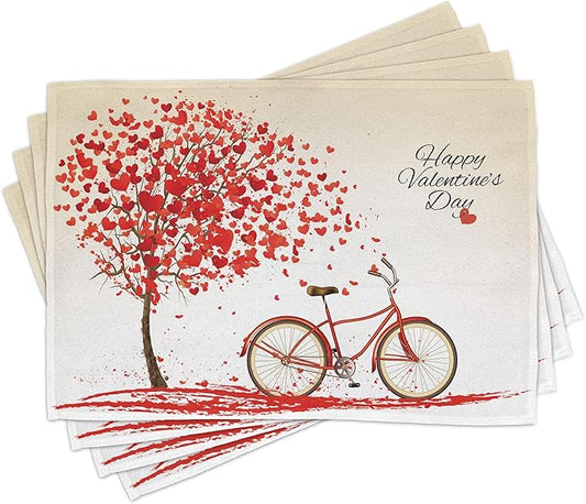 Ambesonne Valentines Day Place Mats Set of 8, Romantic Tree with Blooming Hearts with Bike and Petals Vintage Art, Washable Fabric Placemats for Dining Table, Placemat 8 pcs, Cream Vermilion