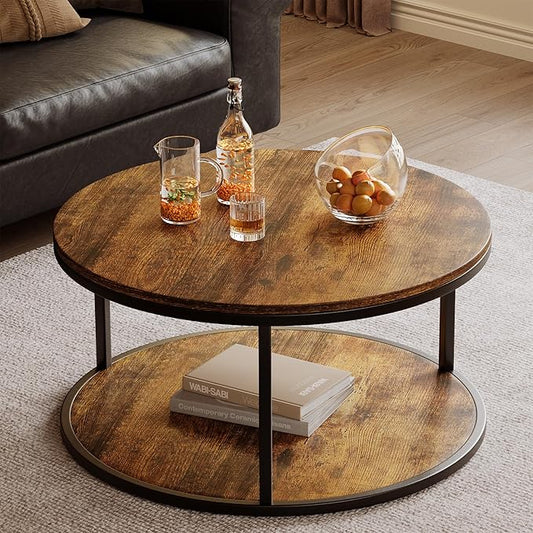 JUMMICO 36" Coffee Tables with Storage, 2-Tier Round Coffee Table, Center Table for Living Room, Furniture for Small Spaces, Brown