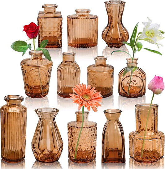 Der Rose Bud Vases in Bulk Glass Vase for Centerpieces Set of 12 Small Flower Vases Mini Vintage Vases for Rustic Wedding, Home Table Decorations (Amber)