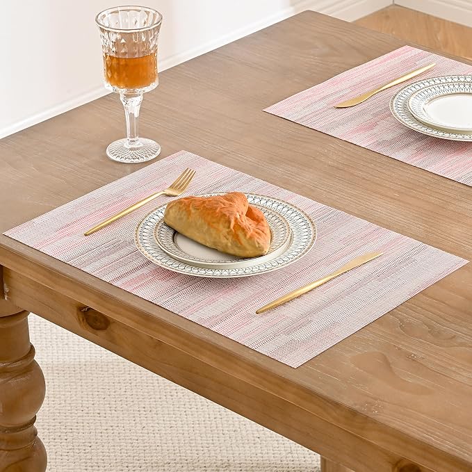 Leetaltree Misty Rose Placemats Set of 6 - Heat Resistant Non-Slip Place mats for Dining Table, Washable Durable PVC Vinyl Woven Table Mats（Misty Rose, 6）