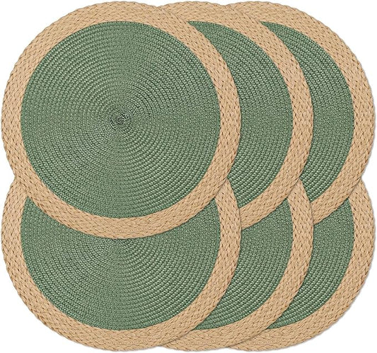 Noctiflorous Round Braided Placemats Set of 6 Table Mats 15 Inches Washable Heat Resistant for Dining Table Non-Slip Indoor Outdoor Place Mats for Thanksgiving Christmas Easter(Green Wide Edge 6)