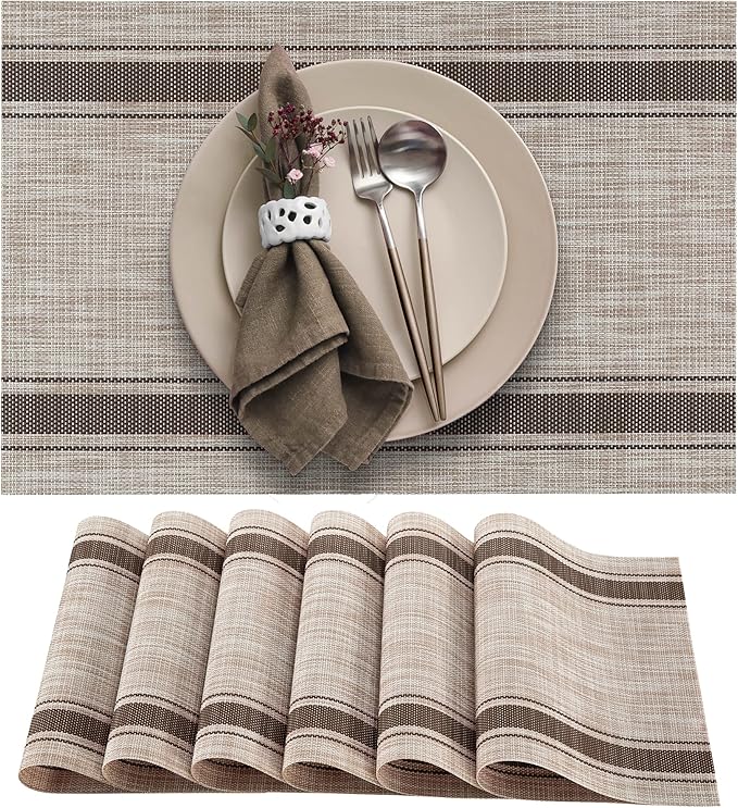 More Décor Dining Table Placemats, Washable Heat-Resistant PVC Vinyl Table Mats for Dining Room and Kitchen, Anti-Slip - Set of 6 - Horizontal Striped Bown - Beige