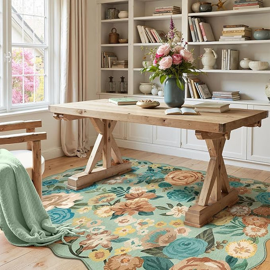 Washable Floral Area Rug 3x5 Green Office Carpet Scalloped Flower Non Slip Soft Entrance Door Mat Farmhouse Low Pile Thin Indoor Floor Cover for Kitchen Bathroom Bedroom Laundry Living Room