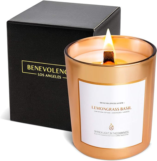 Benevolence LA Lemongrass & Basil Wood Wick Candles | Soy Scented Candles for Home | Gifts for Women and Men | Home Fragrance | Aromatherapy | Shelf Decor, Bathroom Freshener | 8oz, 45 Hour Burn