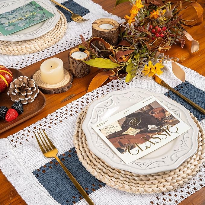 FEXIA Blue Boho Placemats Set of 4, Macrame Table Decor and Farmhouse Style Placemats Natural Cotton Burlap, for Dining Table, Blue