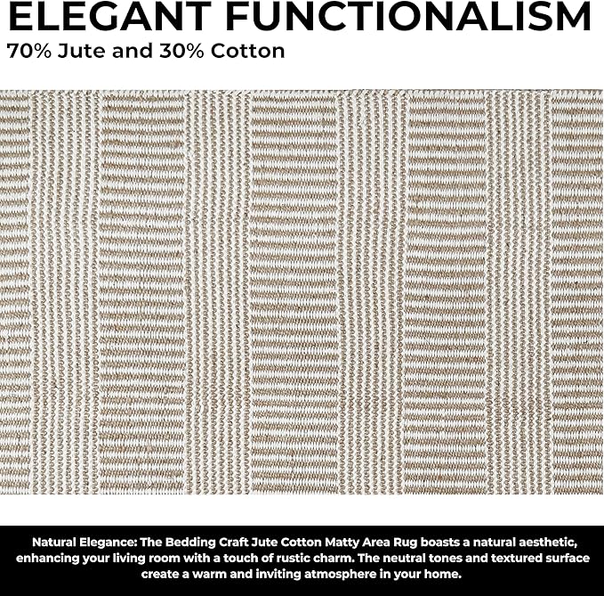 Bedding Craft Jute Cotton Stripe Area Rug for Living Room 24x36 Inch - Natural Ivory - Machine Washable 2x3 Feet Rugs - 70% Jute and 30% Cotton