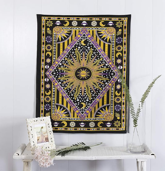 Popular Handicrafts Wall Hanging Tapestry For Bedroom Hippie Burning Sun and Moon Meditation Bohemian Hippy Psychedelic Design Indian Tapestries Bedspread 30 x 40 Inches (76 x 101 cms), Blue