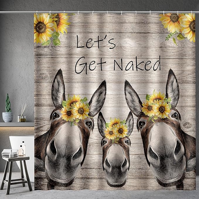 Aimego Extra Long Shower Curtain - Farmhouse Get Naked Country Donkey Sunflower Rustic Wooden Fabric Cloth Shower Curtain Set with 12 Hooks Bathroom Decor Accessories Bathtub Curtain, 72"x84"