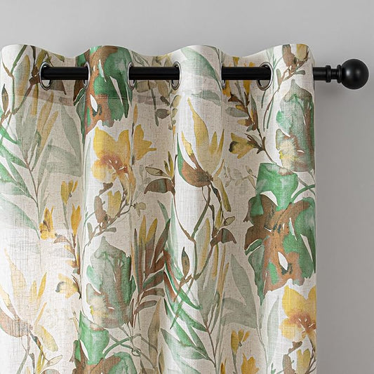 MYSKY HOME Floral Curtains 63 Inch Length Semi Sheer Drapes for Living Room Bedroom, Flower Printing Window Treatment Grommet 2 Panels，Yellow and Natural