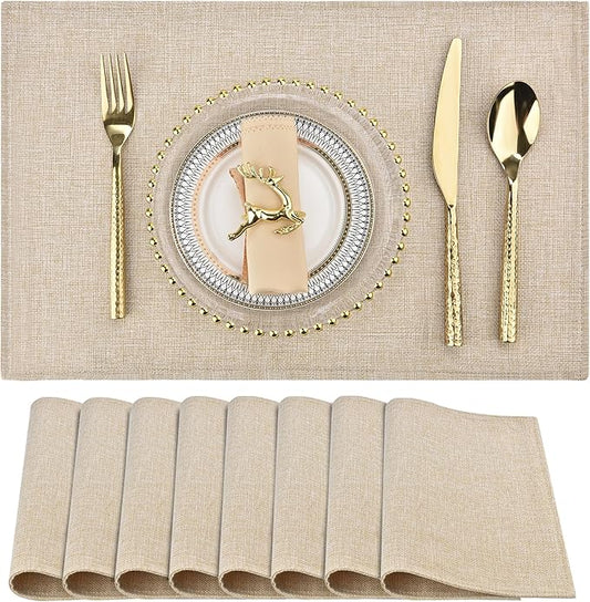 Beige Cloth Placemats Set of 8 - Double Thickened Easy to Clean Linen Style Fabric Placemats - Machine Washable Placemats - Heat Resistant Non-Slip Table Mats (Beige, 8)