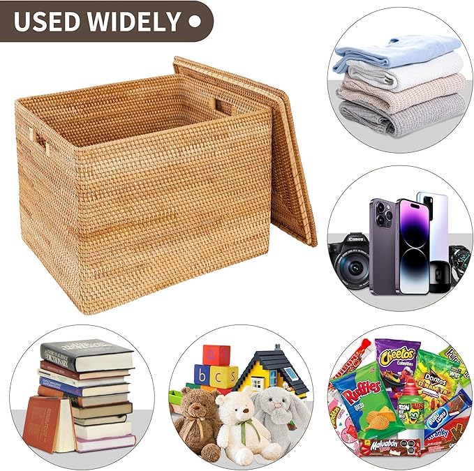 Rattan Basket With Lid,Large Storage Basket Lidded,Rattan Box For Shelf (16" L×13"W×12"H)