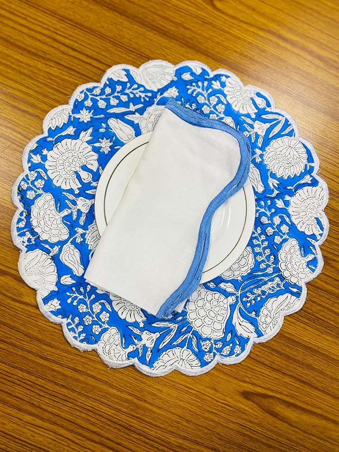Ridhi Dodger Blue Bo-ho Round Place Mat Double Layer Floral Cotton Washable Placemats 15" Round Embroidery Block Print Table Mat Pack of 4-15 Inch Round