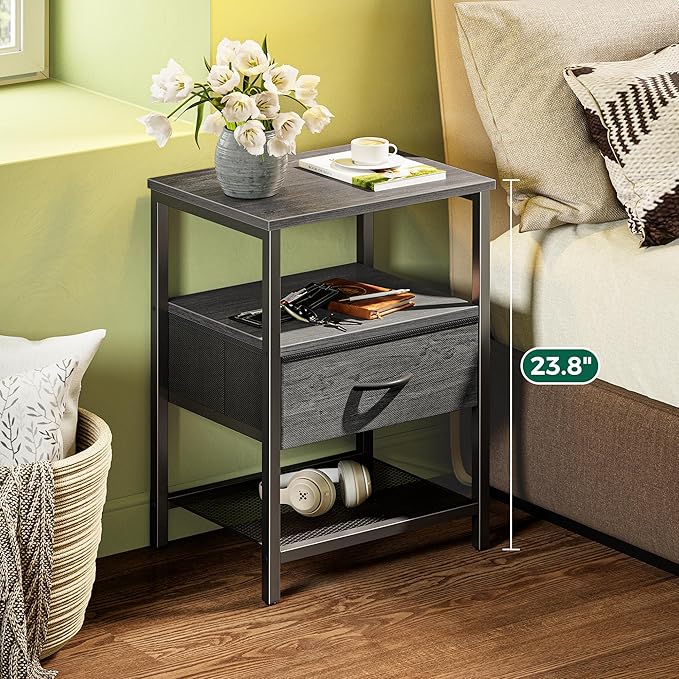 Huuger Nightstand Set of 2, Night Stand with Fabric Drawer, Mesh Shelf, Side Table with Storage, Fabric Drawer Dresser, Open Shelf, Metal Frame, Bedroom, Grey